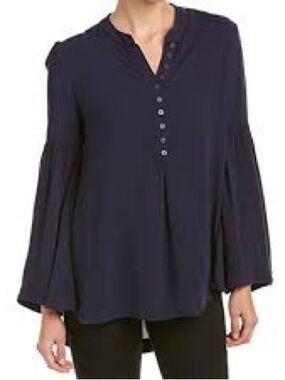 Free People Navy Split-Neck Button Bell-Sleeve Blouse
